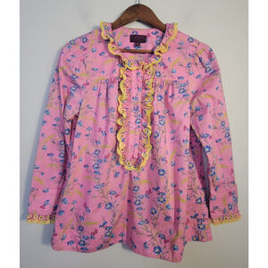 J. Crew Womens S Liberty Fabric Cotton Blouse Floral Ruffle Trim Pink